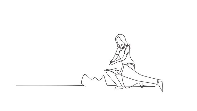 Animated self drawing of continuous line draw physiotherapist doctor rehabilitates woman. Female doing exercises on rubber ball. Physiotherapy rehab, injury recovery. Full length single line animation