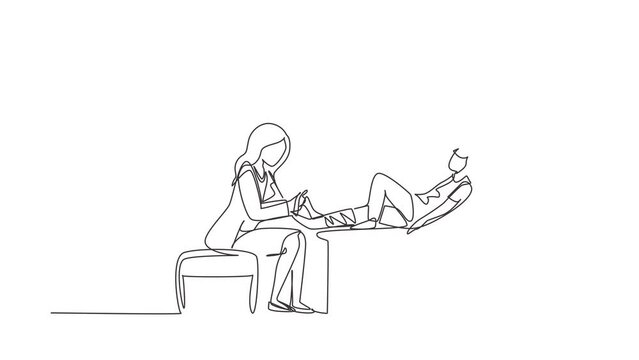 Animated self drawing of continuous line draw doctor bandage broken leg to little girl patient sitting on couch at clinic or traumatology department. Limb fracture. Full length single line animation