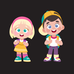 Cute little school boy and school girl with backpacks. Vector cartoon character with 1 September and school theme. Smiling children in casual clothes.