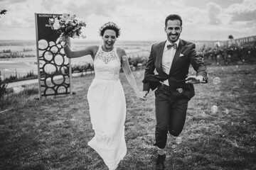 Happy couple after wedding in the vineyards of Rheinhesse, Germany