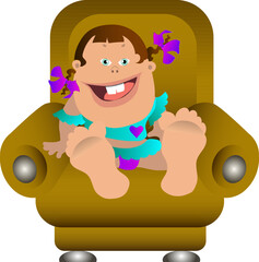 A little girl with pigtails sits in a chair and smiles.