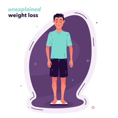 Vector illustration of a man suffering from unexplained weight loss. Weight loss is a symptom of diabetes, depression, stress, and irritable bowel syndrome.