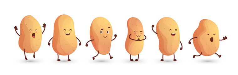 Cartoon potato. Funny tuberous characters with smiling faces, cute vegetable product appetizers with different emotions style. Vector colorful set of cartoon food illustration, smile character potato