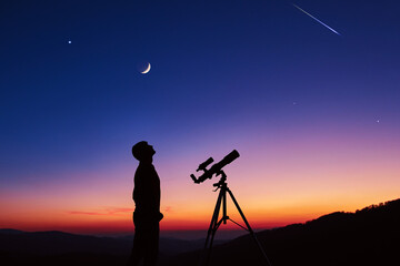 Man with astronomy telescope looking at the night sky, stars, planets, Moon and shooting stars.