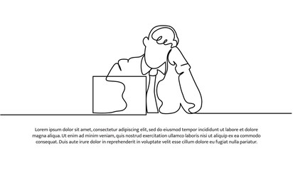 Continuous line design of business man exhausted at work. Decorative elements drawn on a white background.