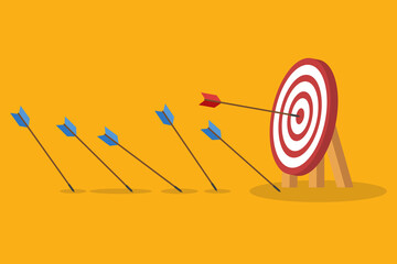 Business challenge failure and success concept. Blue arrows missed hitting target and only red one hits the center. - obrazy, fototapety, plakaty