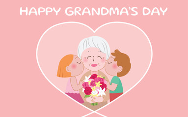Grandchildren kissing grandmother. Grandmother receiving bouquet of flowers from granddaughter and grandson. Celebration of grandparents day or grandmother's day. Happy grandma's day vector. 