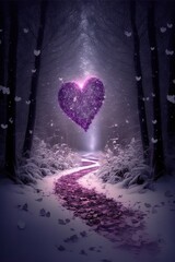 Fantasy magical scene. Forest with violet leaves, heart and path in the center. Romance and love concept. Valentine Day card. Generative ai.