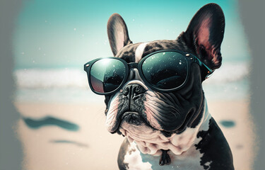 Obraz na płótnie Canvas Cute dog at the beach wearing sunglass, happy dog, cute puppy, ocean, sea, summer vibe, Generative AI and manual enhanced color