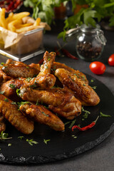 Mix of baked chicken pieces.