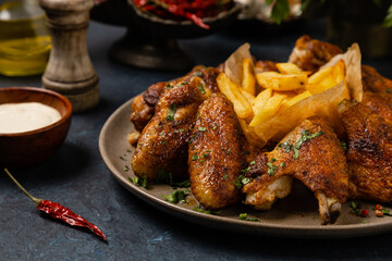 Baked chicken wings. Served with sauce or fries.