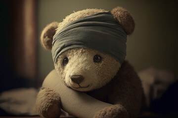 Sad looking teddy bear with a bandage wrapped around his head, showing sympathy for human ills. Artwork created with generative ai