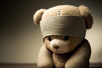 Sad looking teddy bear with a bandage wrapped around his head, showing sympathy for human ills. Artwork created with generative ai