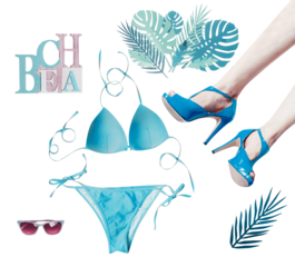 Blue summer beach objects accessory: bikini, sunglasses, sandals, palmleaves, isolated on transparent background
