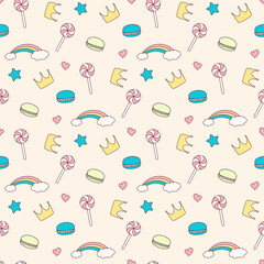 colorful seamless pattern with rainbow, macaroon, lollipop, crown and hearts