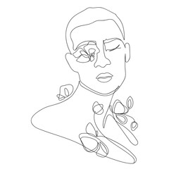 Continuous line drawing of man face abstract portrait with flowers fashion concept.Male beauty minimalist design, Young handsome guy vector illustration for print,poster,logo,emblem