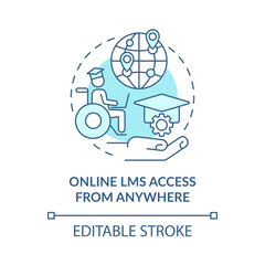 Online LMS access from anywhere blue concept icon. Learning management system feature abstract idea thin line illustration. Isolated outline drawing. Editable stroke. Arial, Myriad Pro-Bold fonts used