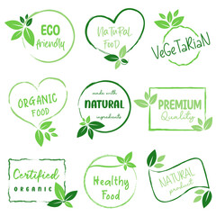 Collection of organic food, gluten free, eco and natural products stickers, logo, badge, label and stamp for food market, e-commerce, restaurant and healthy life food and drink promotion.
