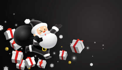 Black Friday super sale banner vector. Black Christmas discounts, Christmas shopping. Happy Santa wearing a black costume and carrying a bag of gifts. Wrapped gift boxes on a dark background.