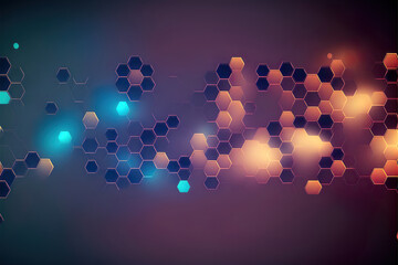 abstract hexagonal shapes background with glowing lights and light and particles, generative ai