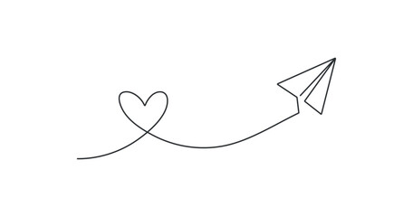 Paper plane and its path in a form of heart icon. Romance messege illustration symbol. Sign valentine letter vector desing.