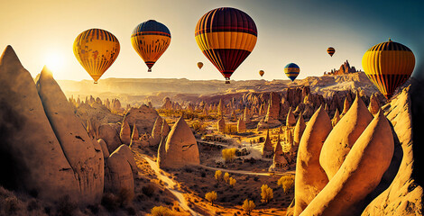 hot air balloons flying over Cappadocia 3 d illustration - obrazy, fototapety, plakaty