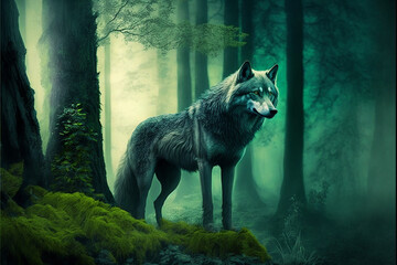 fantasy wolf in misty green forest