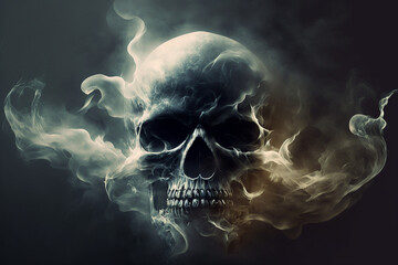 The skull has beautiful white and yellow smoke, black background With Generative AI