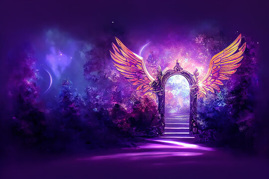 Beautiful crystal heaven. Ornamental gate with wings. Digital art.