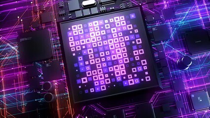 vivid animation of Chip with the effect of computational process. dynamic animation on the theme of microelectronics technology