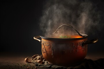 pot of steaming soup, symbolising comfort and nourishment. Usable in a recipe or lifestyle article about the benefits of soup, or in a design for a restaurant or food product (AI Generated)