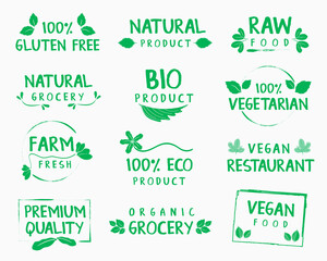 Organic food and natural product logo, sign, sticker, labels and badges collection for food market, organic and natural products promotion and premium quality food and drink. Vector illustration.