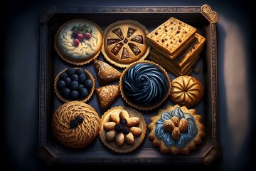 tray of pastries, representing indulgence and celebration. Usable in a recipe or lifestyle article about the art of pastry-making, or in a design for a bakery or cafe (AI Generated)