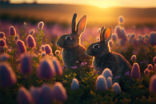 scene of rabbits frolicking in a colourful field of flowers, with the sun setting in the background, conveying themes of joy, happiness, and the beauty of nature (AI Generated)