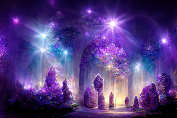 Beautiful crystal heaven. Crystal gate with crystals. Crystal kingdom. Digital art.