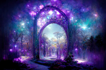 Beautiful crystal heaven. Crystal gate with crystals. Crystal kingdom. Digital art.