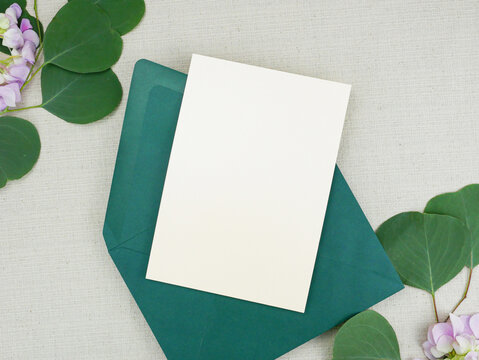 Top view mockup blank card, for greeting, wedding invitation template with clipping path