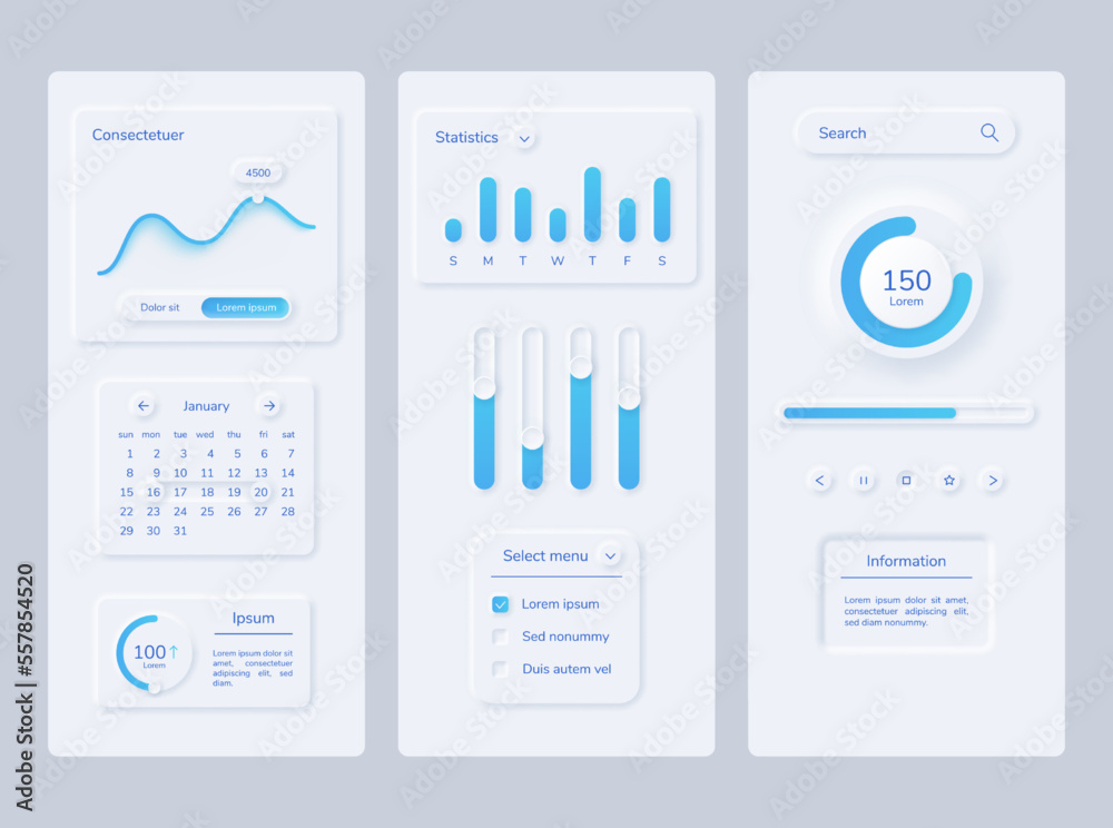 Poster user interface kit neumorphism chart anf graphic. vector illustration of app interface ui, mobile te