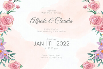 Wedding invitation template with watercolor flowers