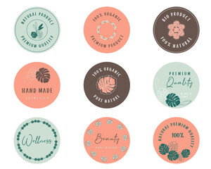 Set of beauty and cosmetics logo, badges and stickers for natural and organic products. Vector illustrations for promotional material, web design, packaging design.