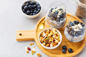 Chia pudding with granola and fresh blueberries in the glasses on a gray concrete background with copy space. Concept of healthy eating, healthy lifestyle, dieting, fitness menu. Selective focus