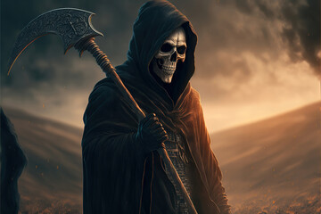 the grim reaper with a scythe, portrait of the death, generative ai - obrazy, fototapety, plakaty