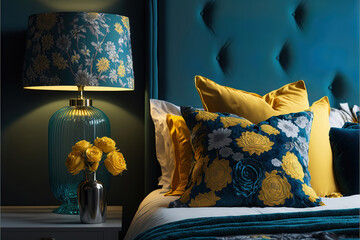 modern luxury sea blue and yellow interior of a bedroom with a bed and pillows, generative ai