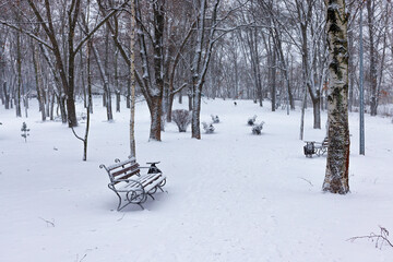 Snow covered city park on a winter day.