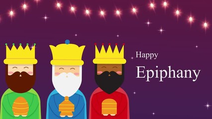 Animation for Epiphany, a Christian festival, three wise men, a bright star, the nativity of Jesus, and bokeh background.