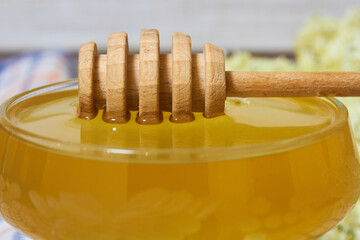 Honey with wood stick,glass bowl with honey and wooden stick in honey