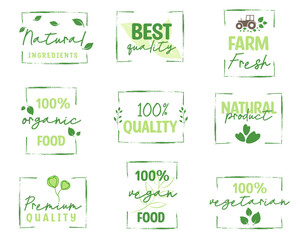Organic food, natural product icons and elements collection for food market. Vector illustrations for graphic, packaging design, marketing material, restaurant business and premium quality products.