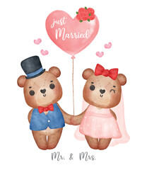 Valentine watercolour cute two couple Wedding brown teddy bears in groom and bride hold hand, Mr. and Mrs., cartoon character hand drawing illustration vector