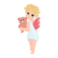 Illustration with a cute character, Amur, cupid holding a teddy bear, clipart for Valentine's Day