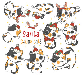 Fototapeta na wymiar Cute funny Santa Calico kitten cats Christmas animal cartoon doodle drawing